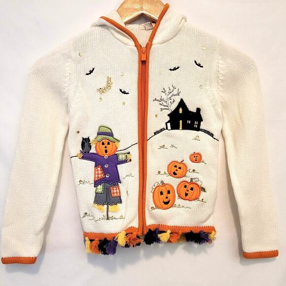 Halloween Pumpkin Sweater Hooded Youth 6/6X Scarecrow House Bat Full Zip Tassels - Picture 15 of 15